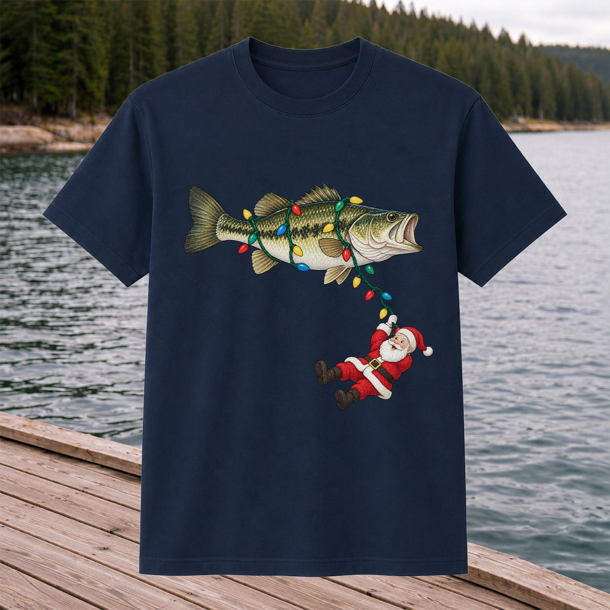 Santa Hanging from Christmas Lights on Bass Fishing Graphic T-Shirt