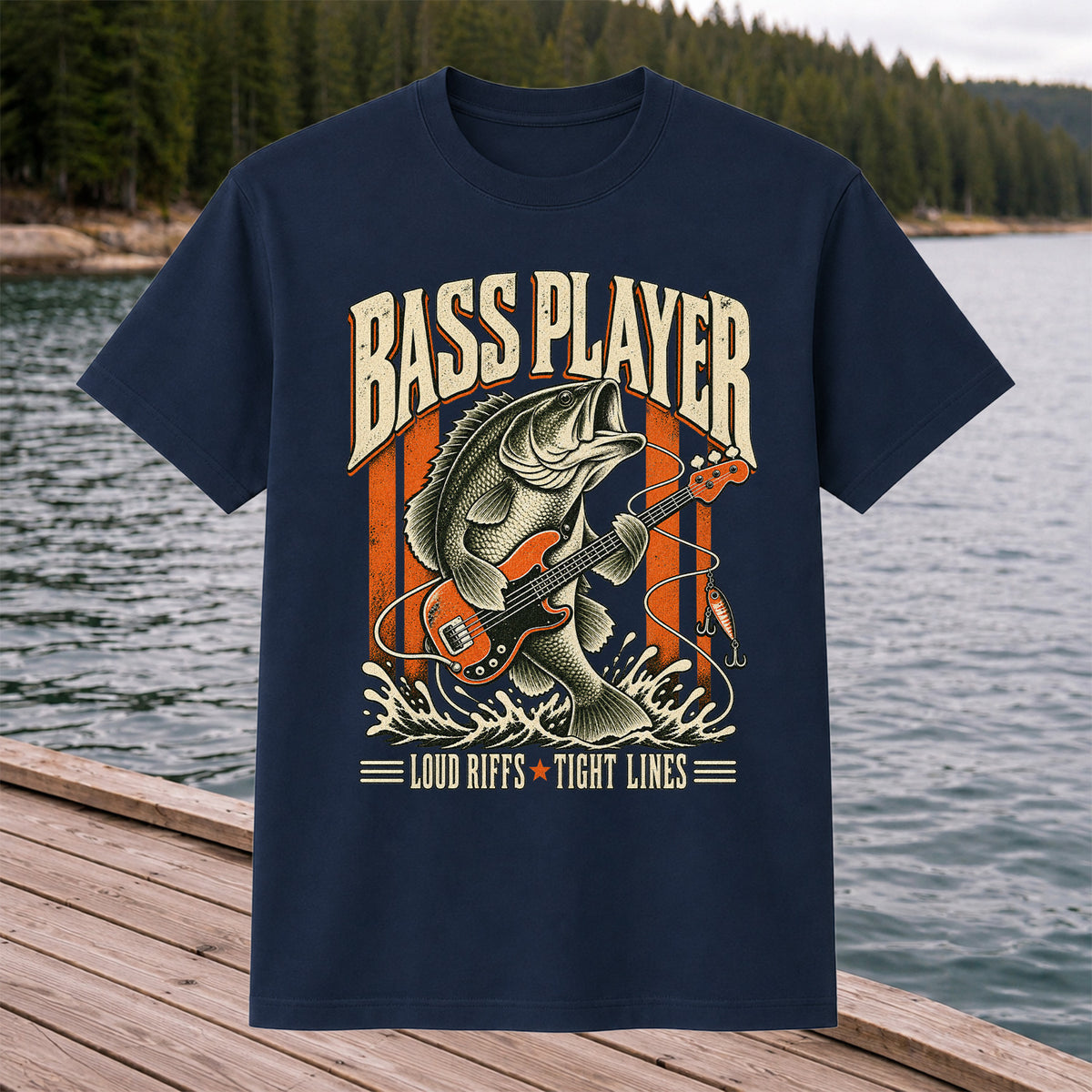 Bass Playing Guitar Vintage Fishing Graphic T-Shirt