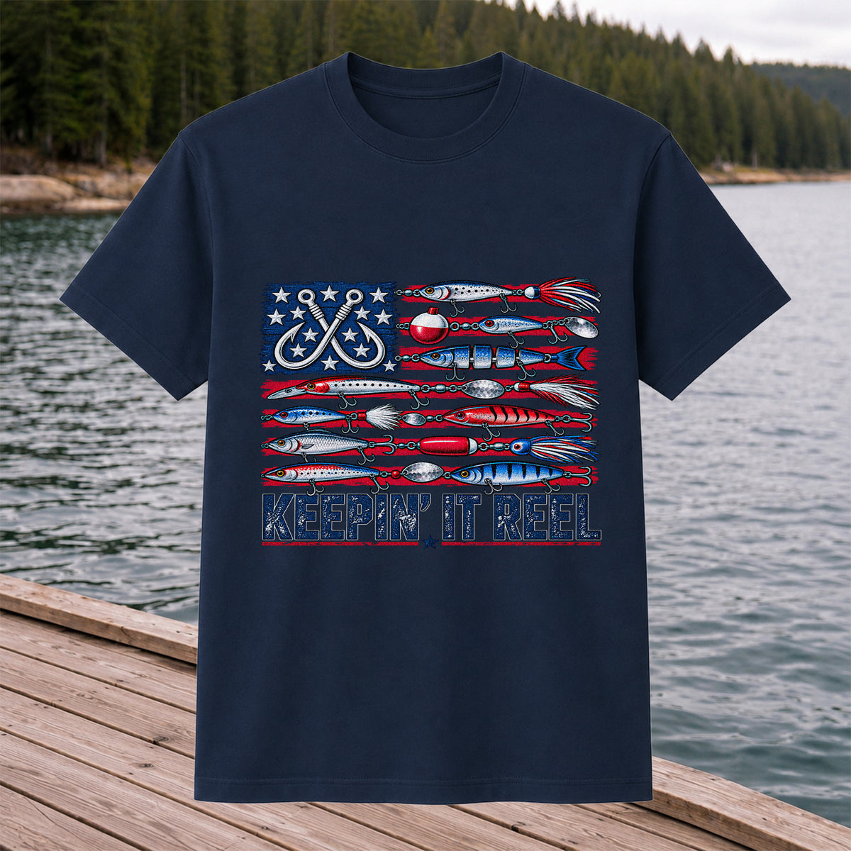 Keepin' It Reel American Flag Fishing Lures Graphic T-Shirt
