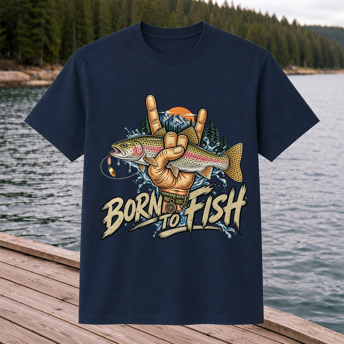 Born to Fish Rainbow Trout Rock Hand Sign Fishing T-Shirt