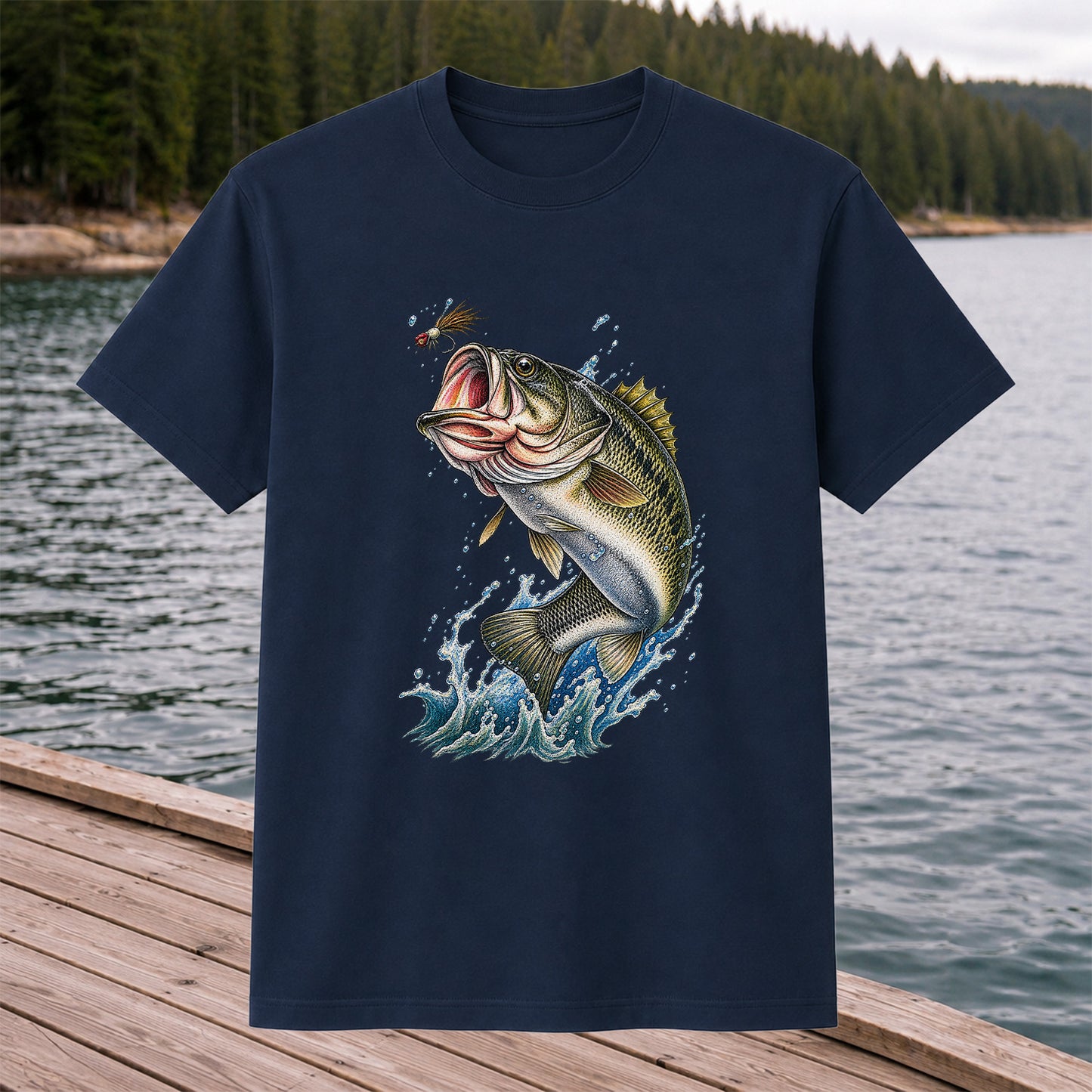 Largemouth Bass Leaping for a Fly Fishing Graphic T-Shirt