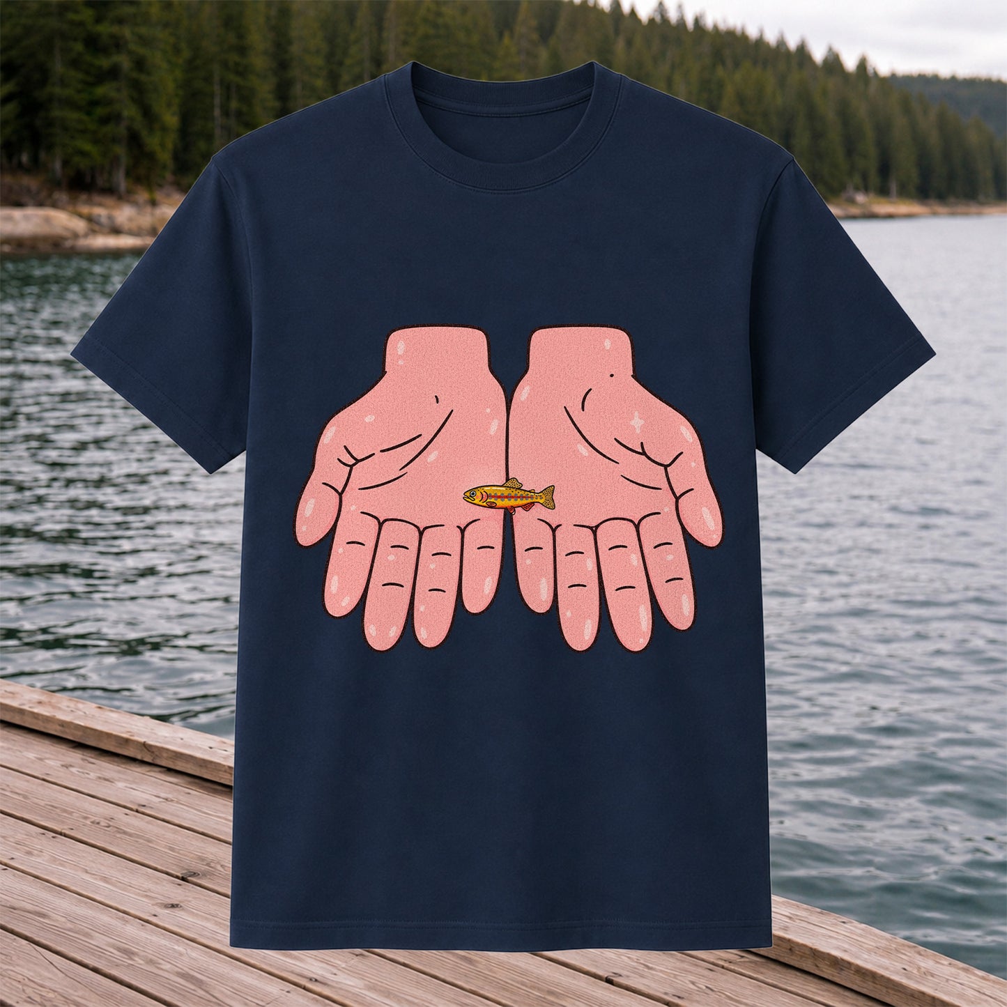 Tiny Rainbow Trout in Two Hands Cute Fishing Graphic T-Shirt