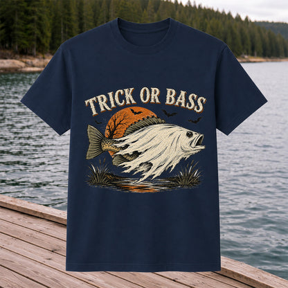 Trick or Bass Halloween Fishing T-Shirt, Vintage Trout Angler Tee
