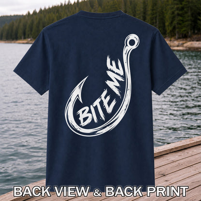 Bite Me Fishing Hook Funny Angler Graphic T-Shirt | Back Print