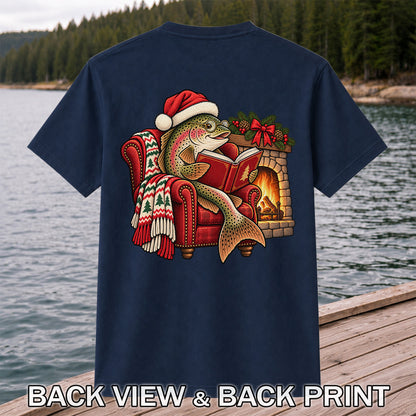 Christmas Trout Reading by the Fireplace Fishing T-Shirt | Back Print