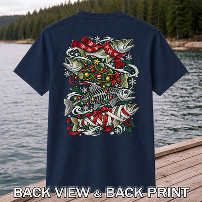 Christmas Trout and Fish Skeleton Holiday Fishing T-Shirt | Back Print