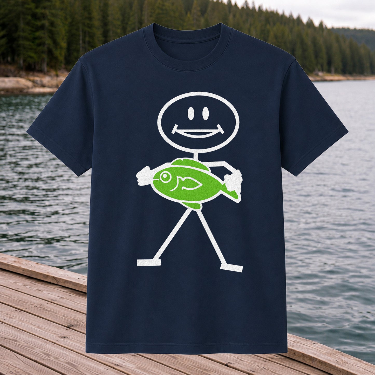 Happy Stick Figure Holding a Green Fish Graphic T-Shirt