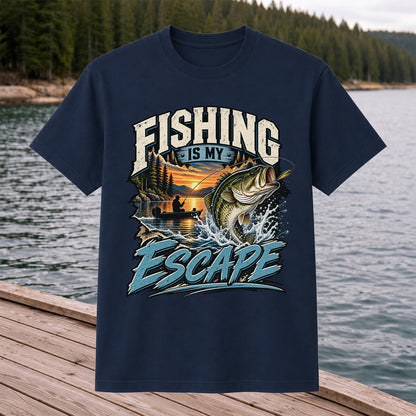 Fishing Is My Escape Jumping Bass and Sunset Lake Graphic T-Shirt