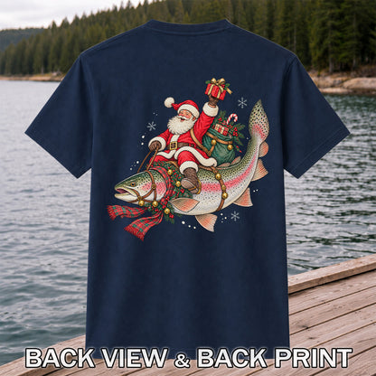 Santa Riding a Festive Rainbow Trout Christmas Fishing Graphic T-Shirt | Back Print