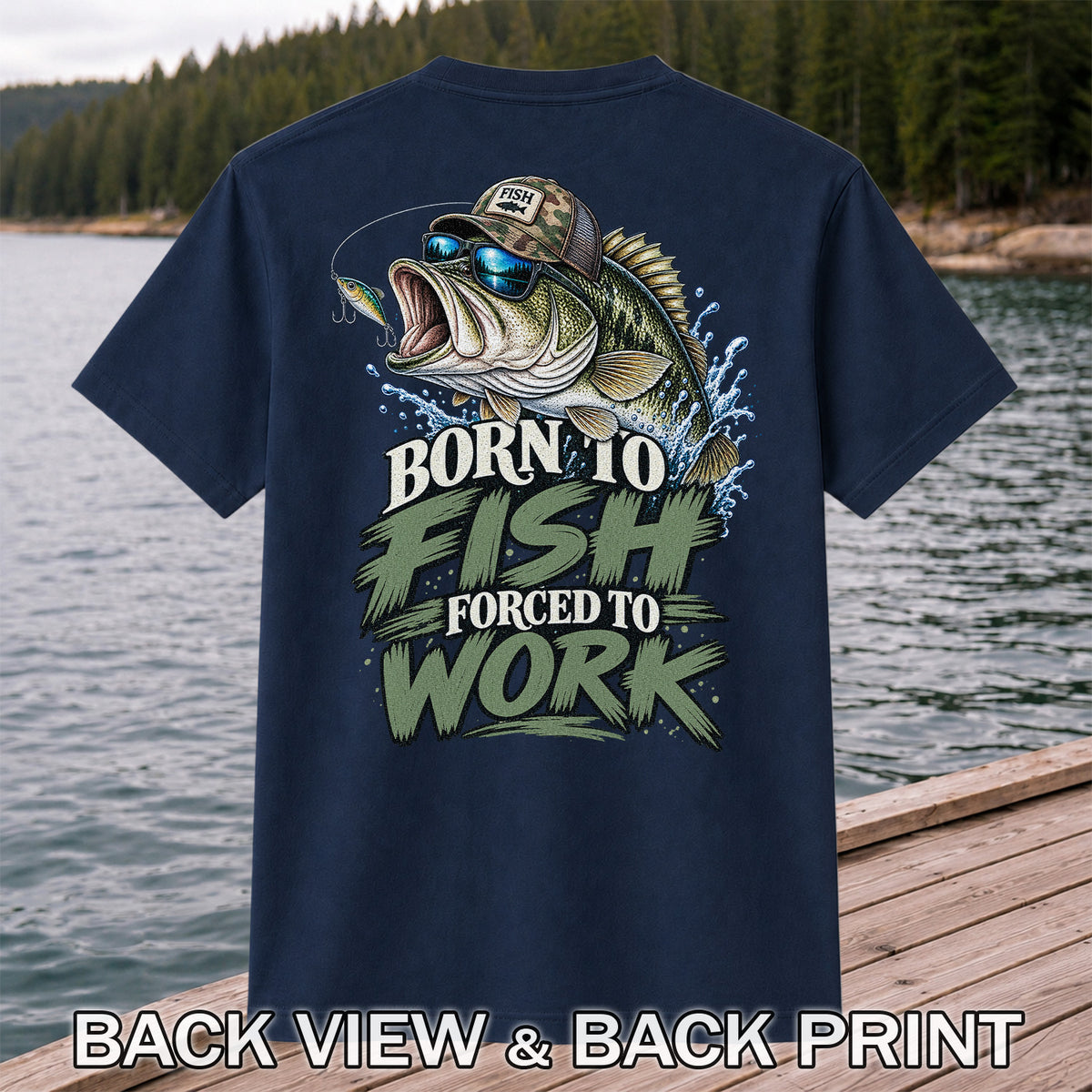 Born to Fish Forced to Work Bass Graphic T-Shirt | Back Print