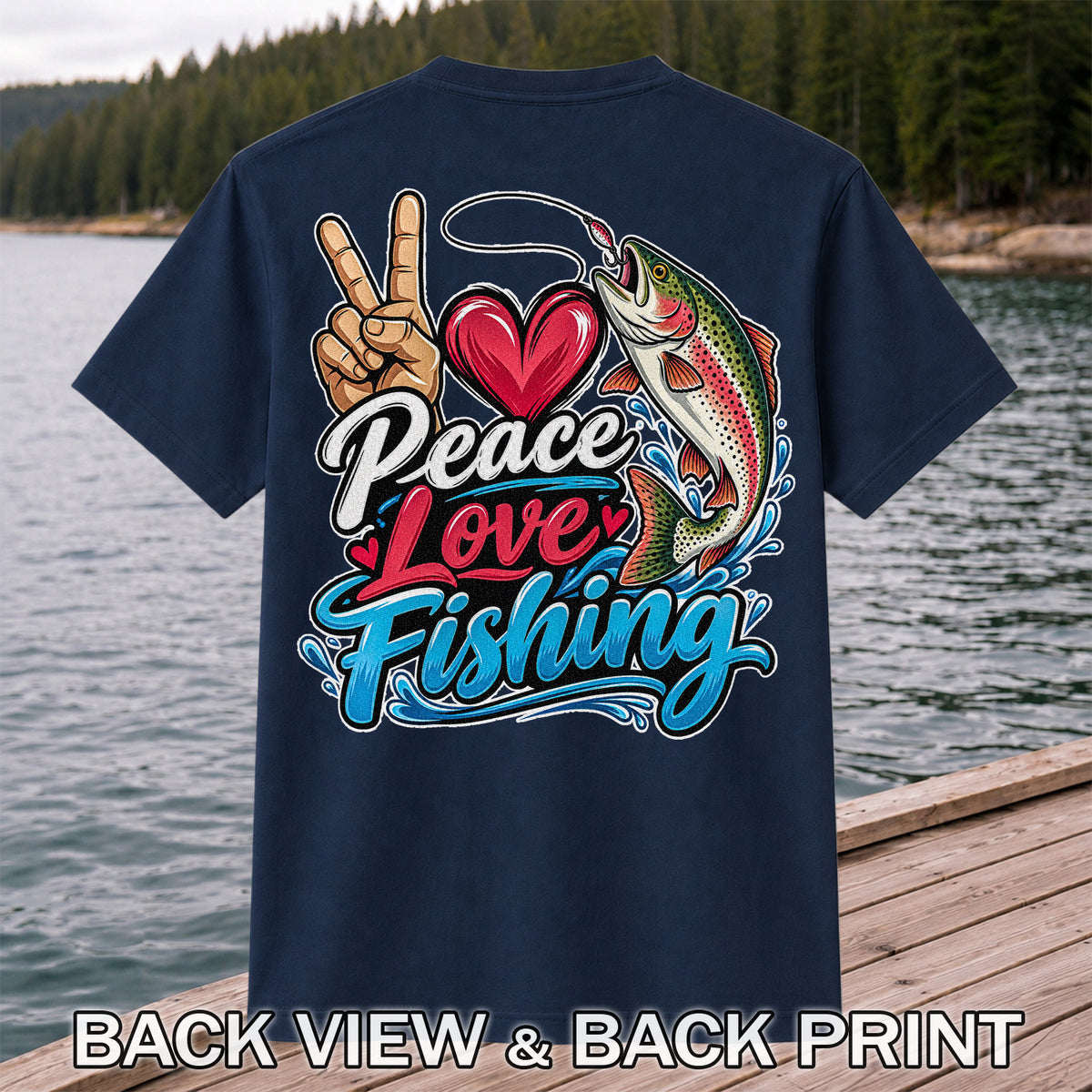 Peace Love Fishing Rainbow Trout and Heart Graphic T-Shirt | Back Print