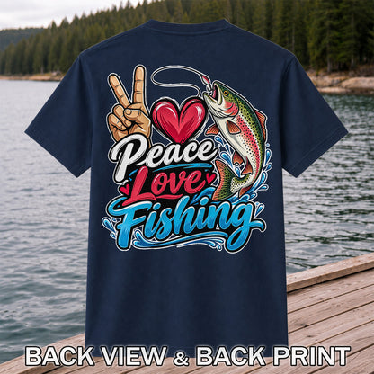 Peace Love Fishing Rainbow Trout and Heart Graphic T-Shirt | Back Print