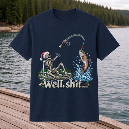 Well, Shit... Skeleton and Leaping Rainbow Trout Christmas Fishing T-Shirt