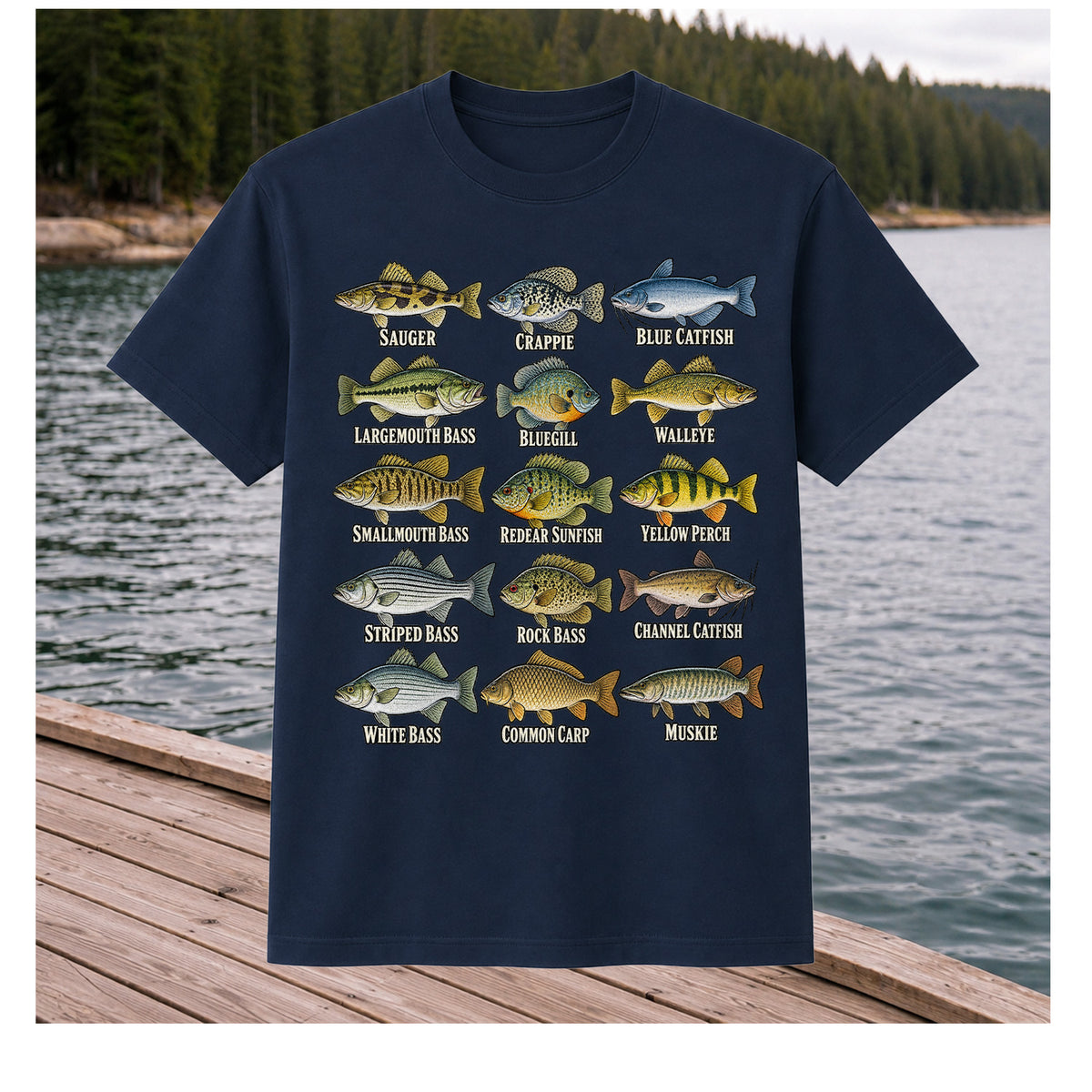 Bass Crappie and Catfish Freshwater Fish Chart Graphic T-Shirt