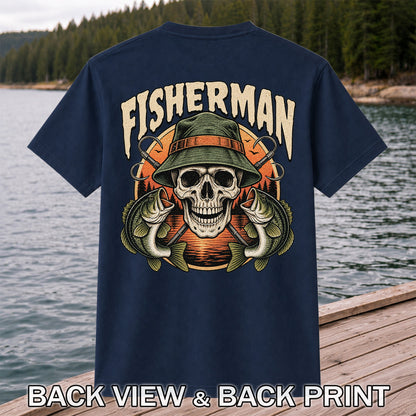 Fisherman Skull with Bucket Hat and Bass Fishing Graphic T-Shirt | Back Print