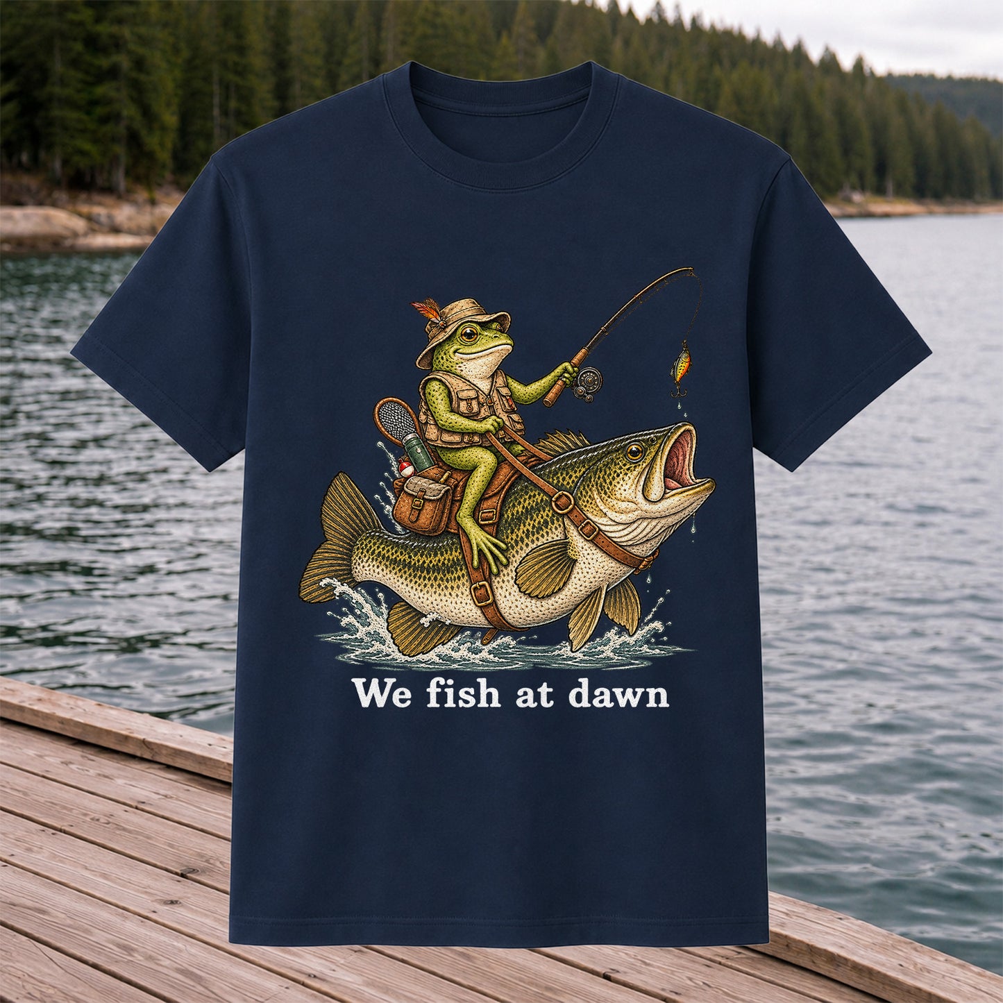 We Fish at Dawn Frog Riding Largemouth Bass Funny Fishing T-Shirt