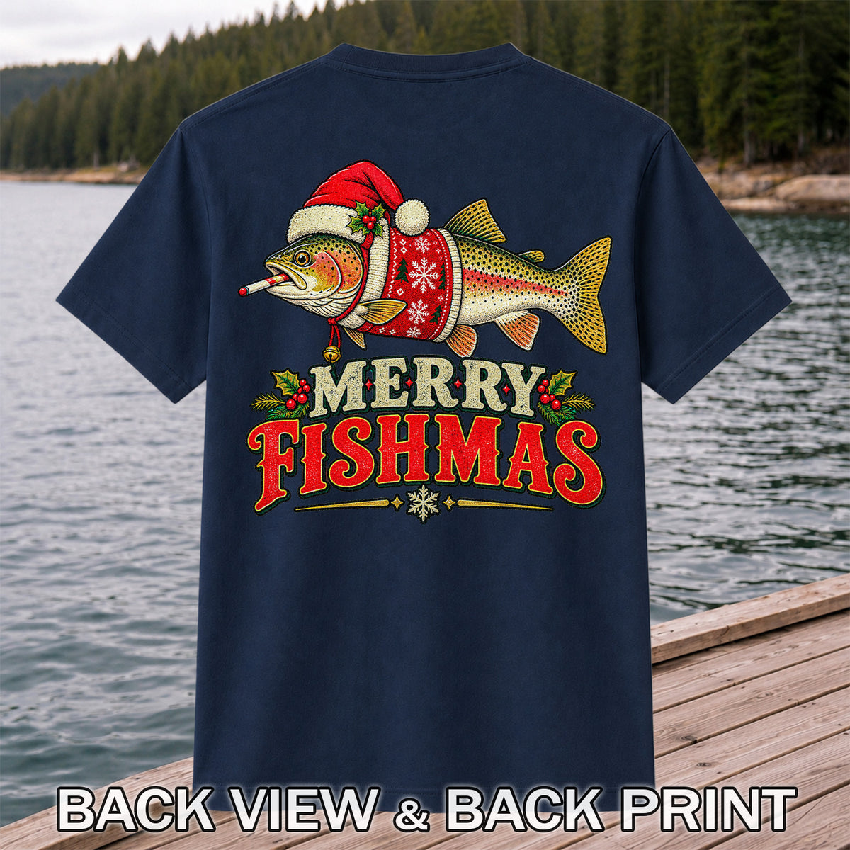 Christmas Trout Santa Fishing Graphic T-Shirt | Back Print