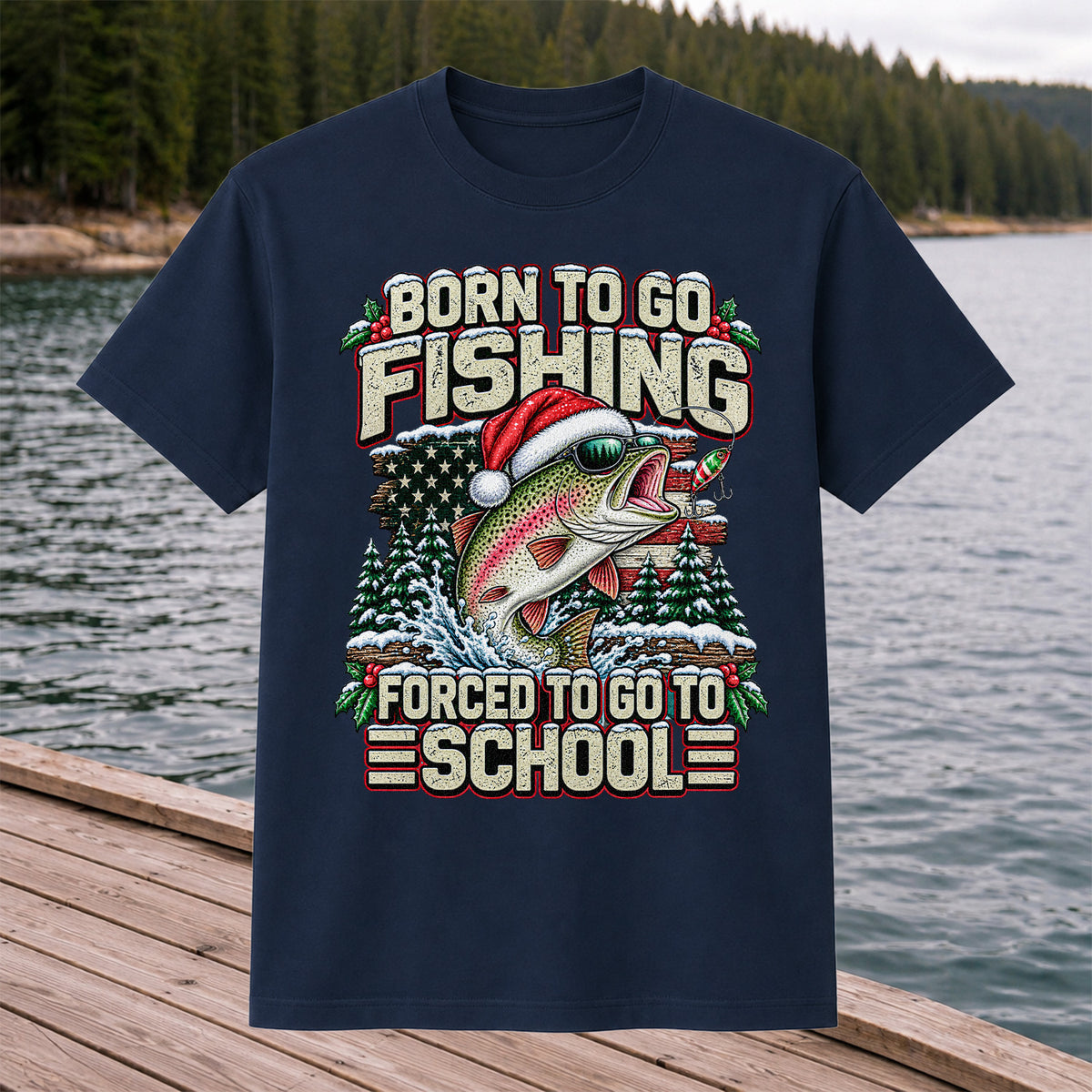 Born to Go Fishing Forced to Go to School Christmas Rainbow Trout T-Shirt