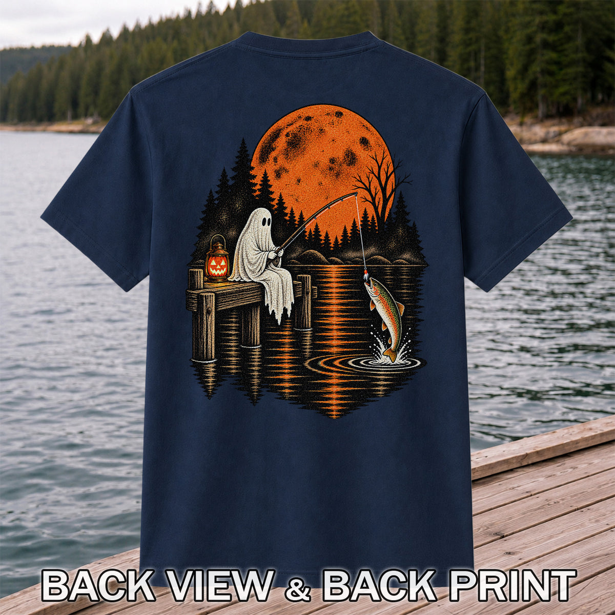Ghost Fishing for Rainbow Trout Under an Orange Moon Halloween T-Shirt | Back Print