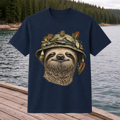 Sloth Wearing a Fishing Lure Hat Hand-Drawn Graphic T-Shirt