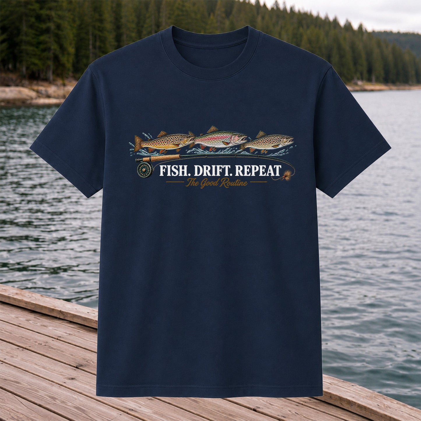 Fish. Drift. Repeat. The Good Routine Trout Fly Fishing T-Shirt