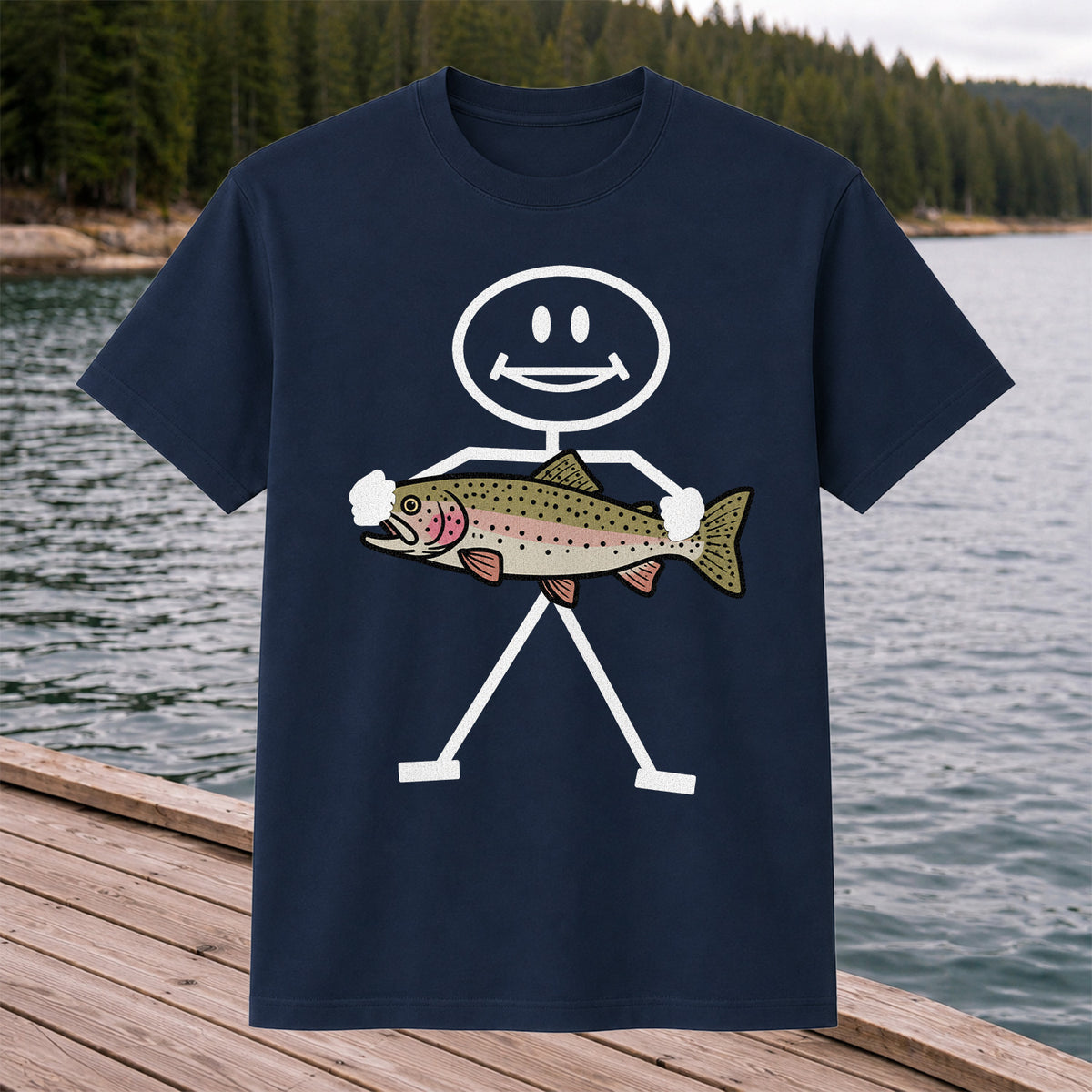 Stick Figure Holding a Rainbow Trout Fishing T-Shirt