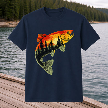 Sunset Forest Trout Fishing Graphic T-Shirt