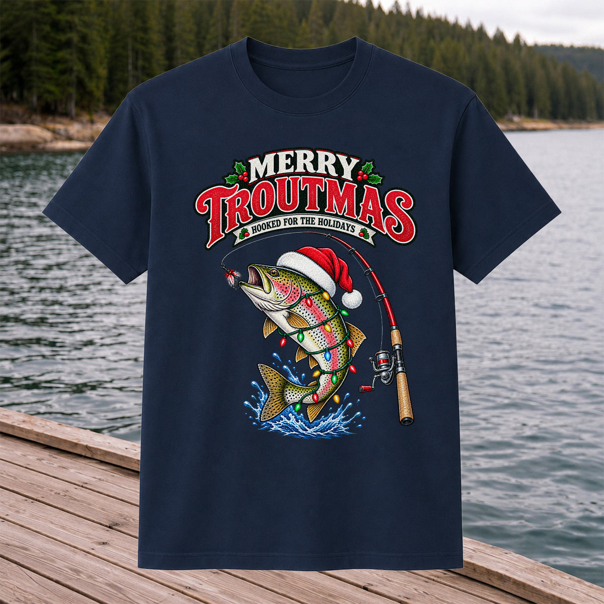 Merry Troutmas Hooked for the Holidays Rainbow Trout Christmas Fishing T-Shirt