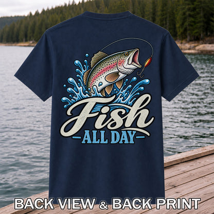 Fish All Day Jumping Rainbow Trout Fishing Graphic T-Shirt | Back Print