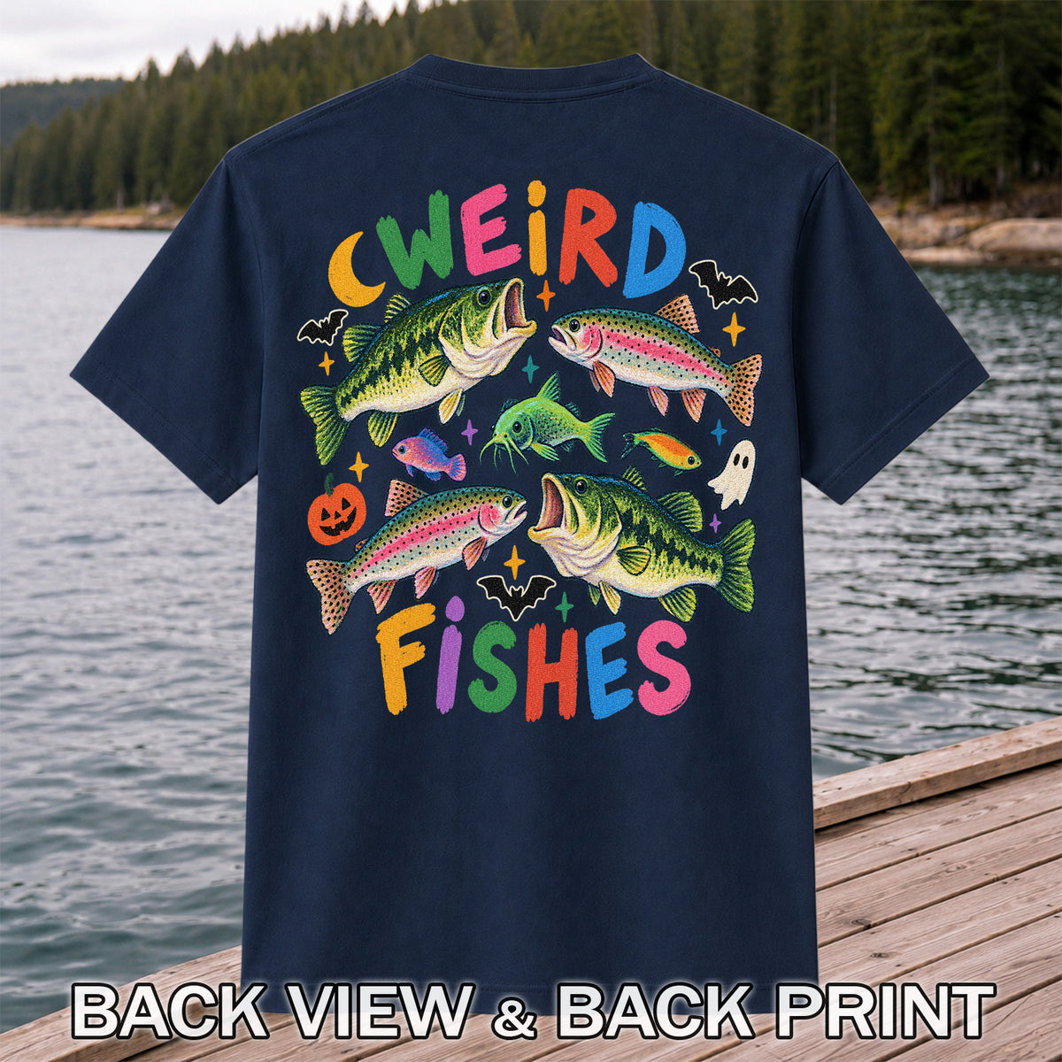 Weird Fishes Halloween Bass and Rainbow Trout Fishing T-Shirt | Back Print