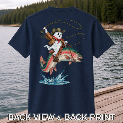 Ghost Cowboy Riding a Rainbow Trout Halloween Fishing T-Shirt | Back Print