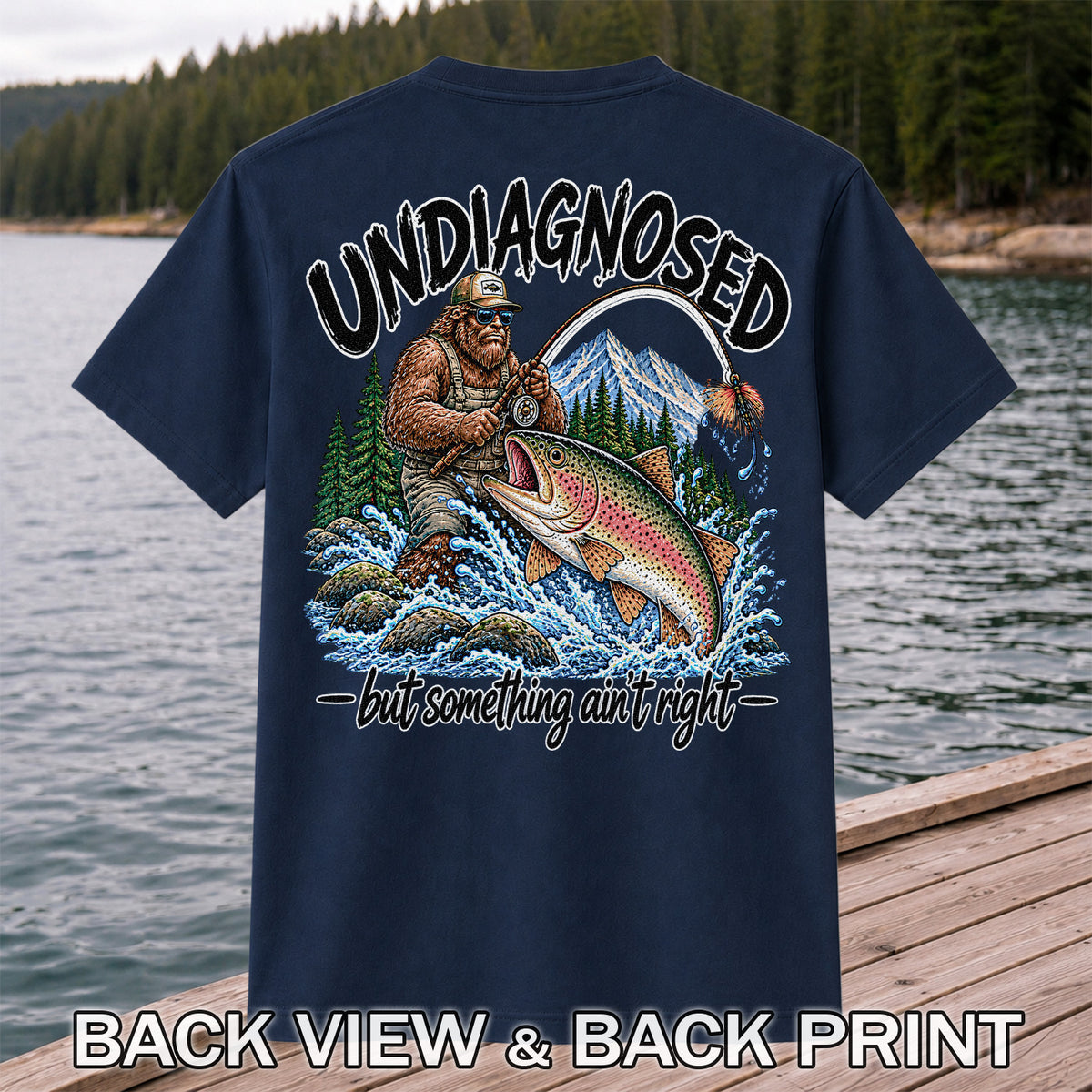 Undiagnosed But Something Ain't Right Bigfoot Trout Fishing T-Shirt | Back Print