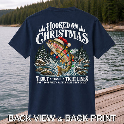 Hooked on Christmas Rainbow Trout Fishing Graphic T-Shirt | Back Print