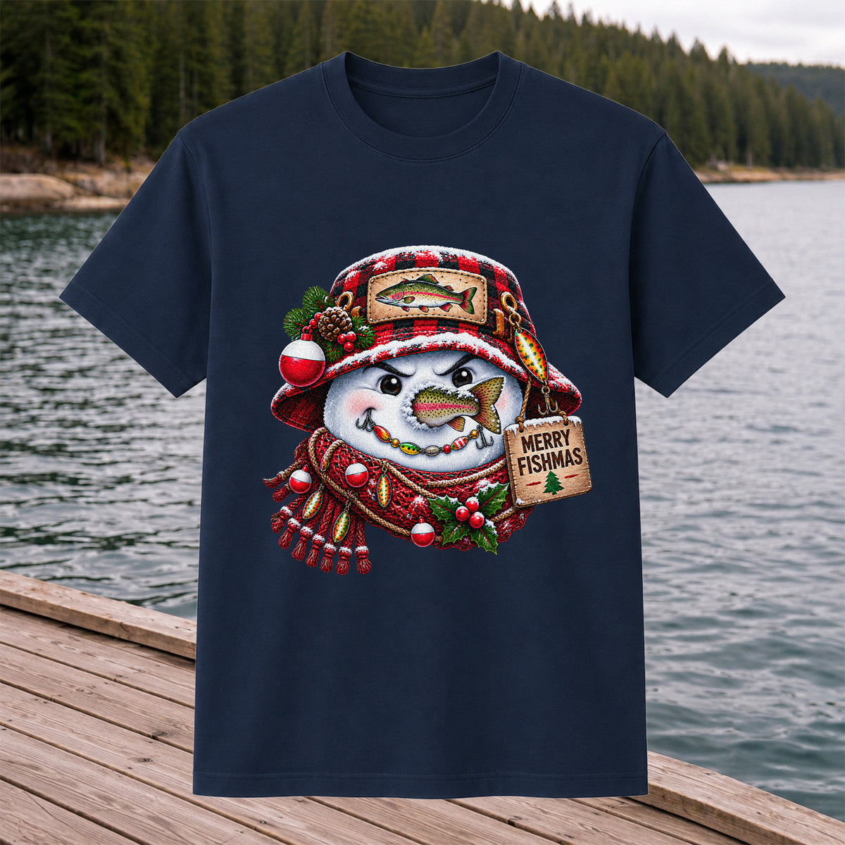 Merry Fishmas Snowman with Rainbow Trout Christmas Fishing T-Shirt