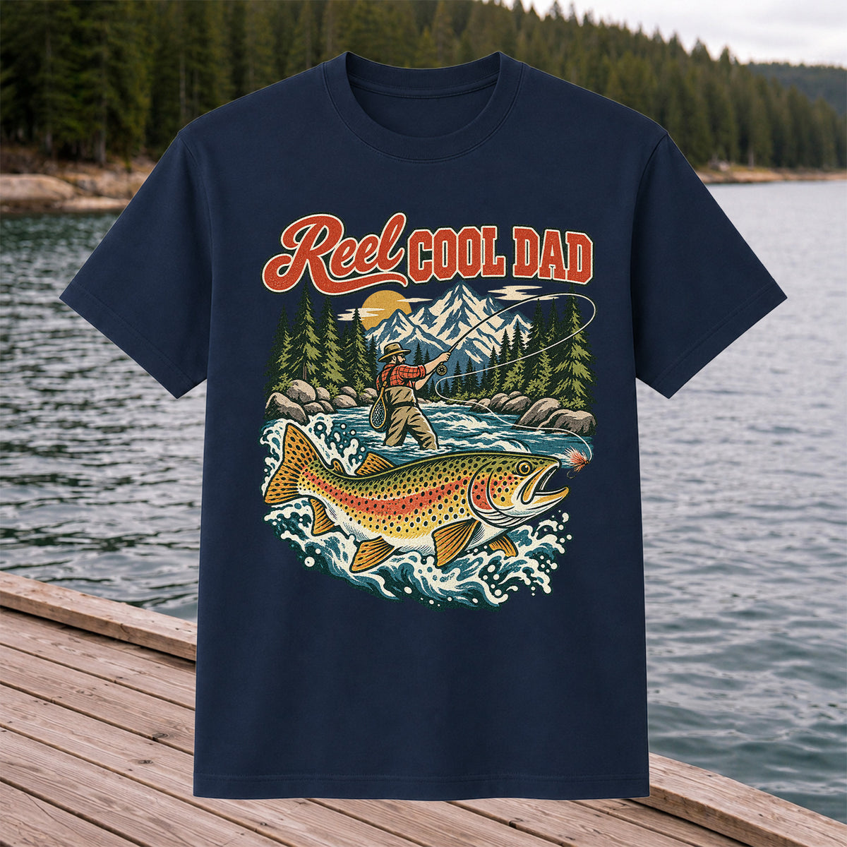 Reel Cool Dad Rainbow Trout Fly Fishing Graphic T-Shirt