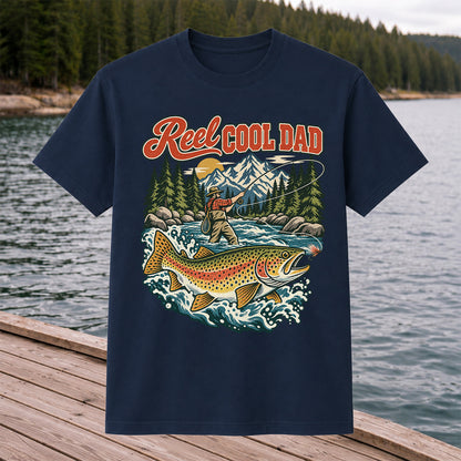 Reel Cool Dad Rainbow Trout Fly Fishing Graphic T-Shirt