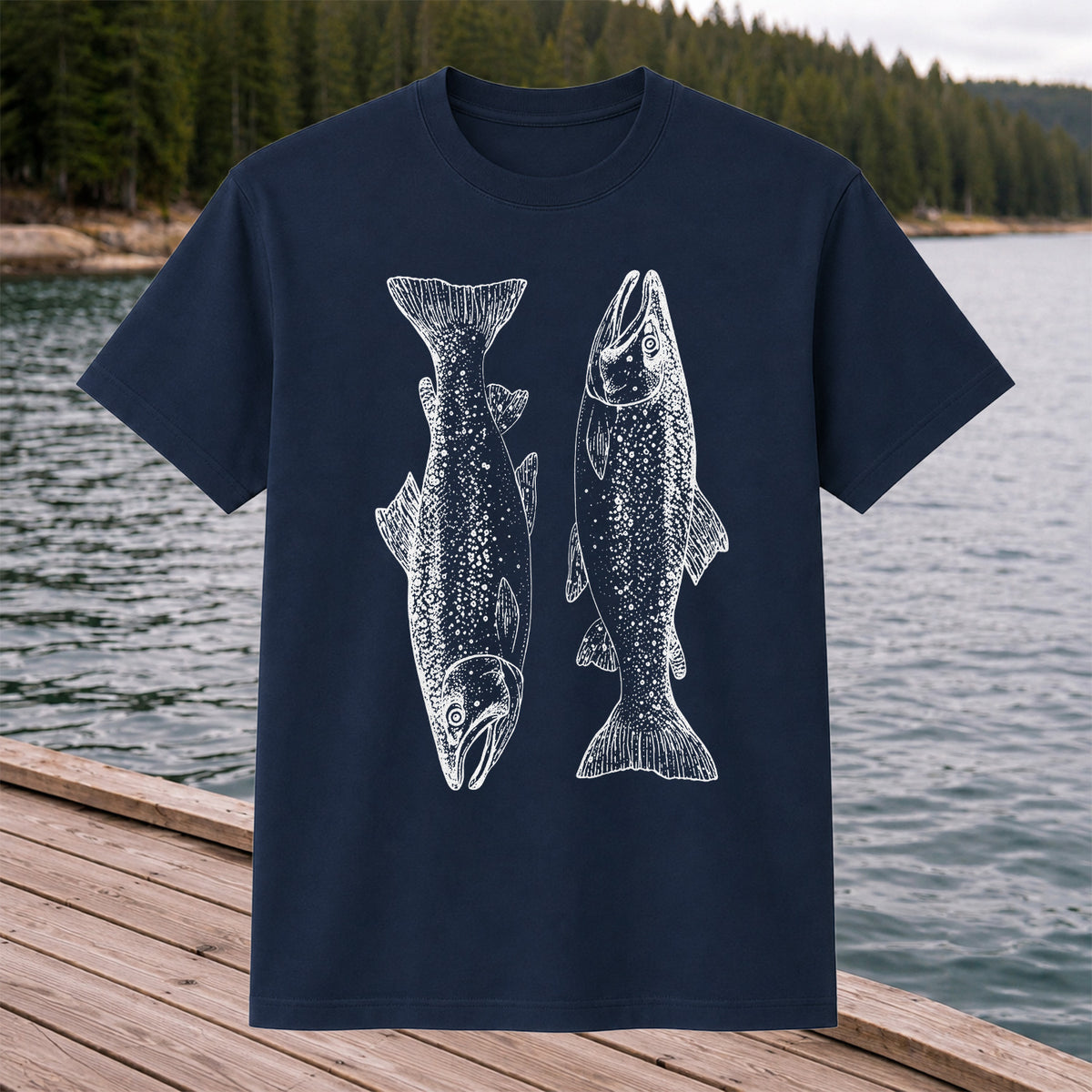 Two Salmon Vintage Line Art Fishing Graphic T-Shirt