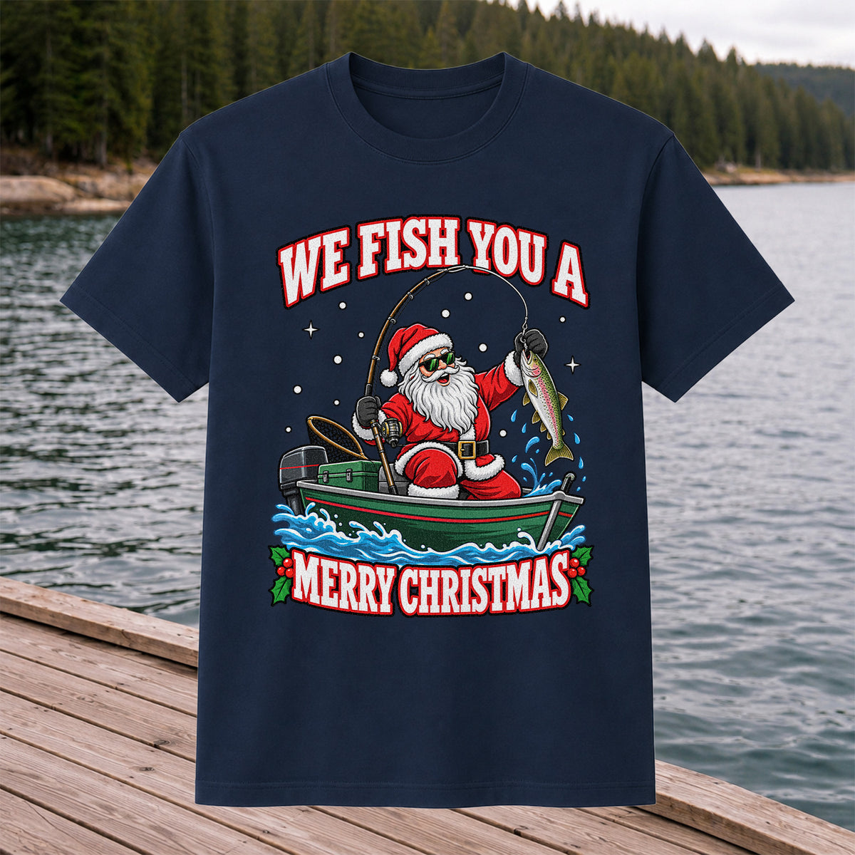 We Fish You a Merry Christmas Santa and Rainbow Trout Fishing T-Shirt