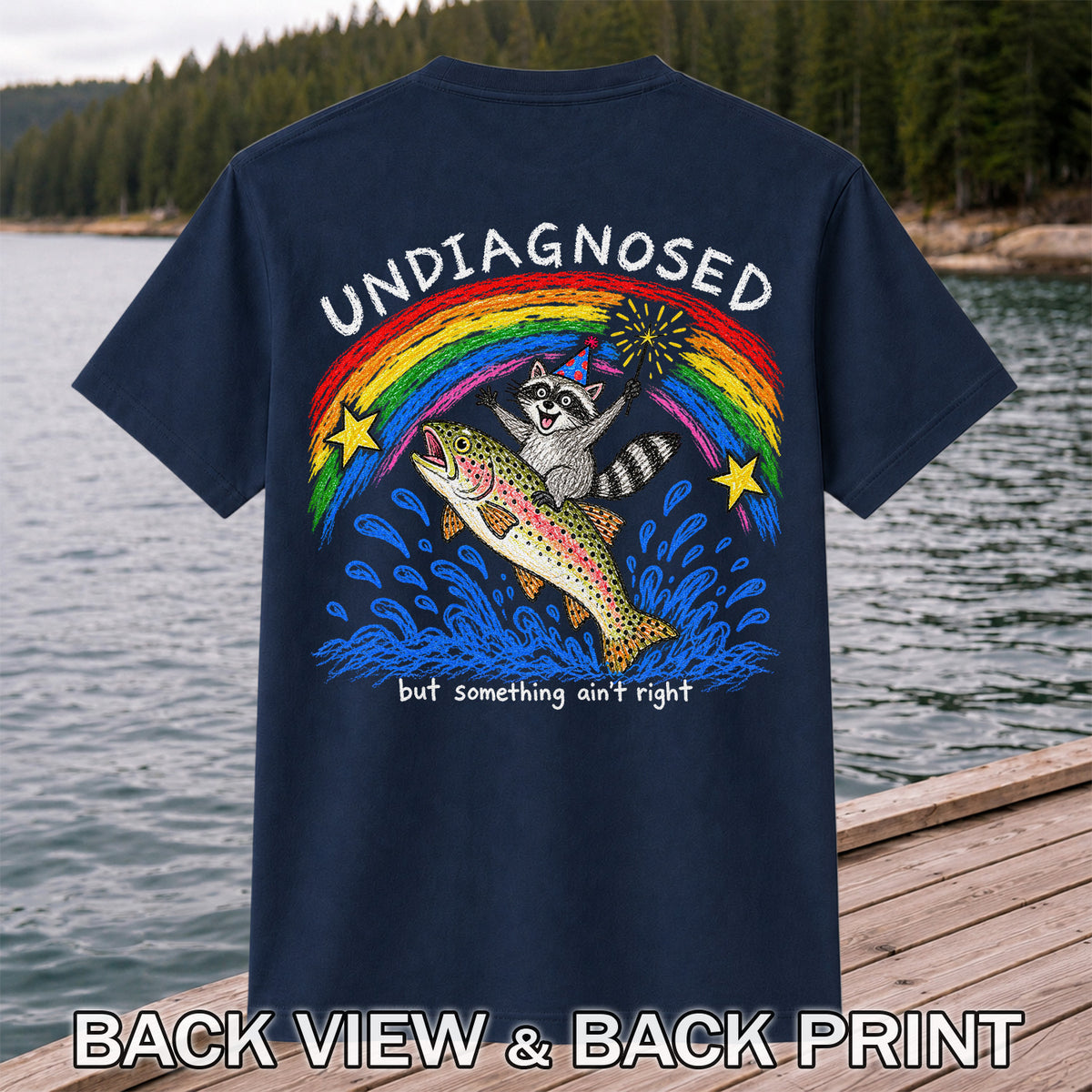 Undiagnosed But Something Ain't Right Raccoon Riding Trout T-Shirt | Back Print
