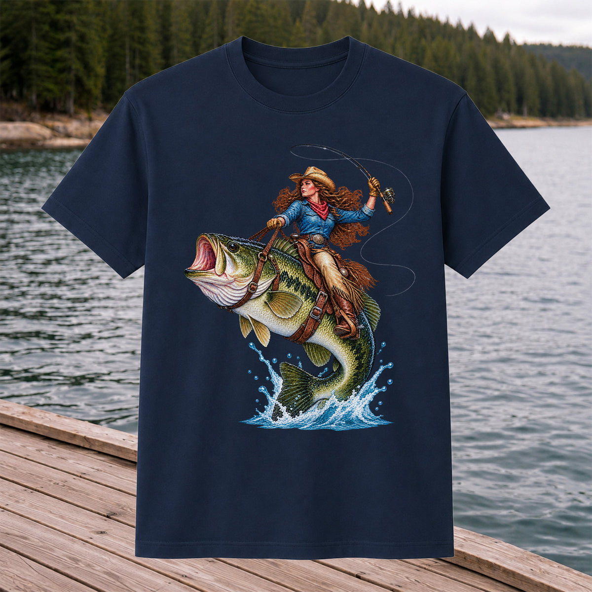 Cowgirl Riding a Largemouth Bass Fishing Graphic T-Shirt