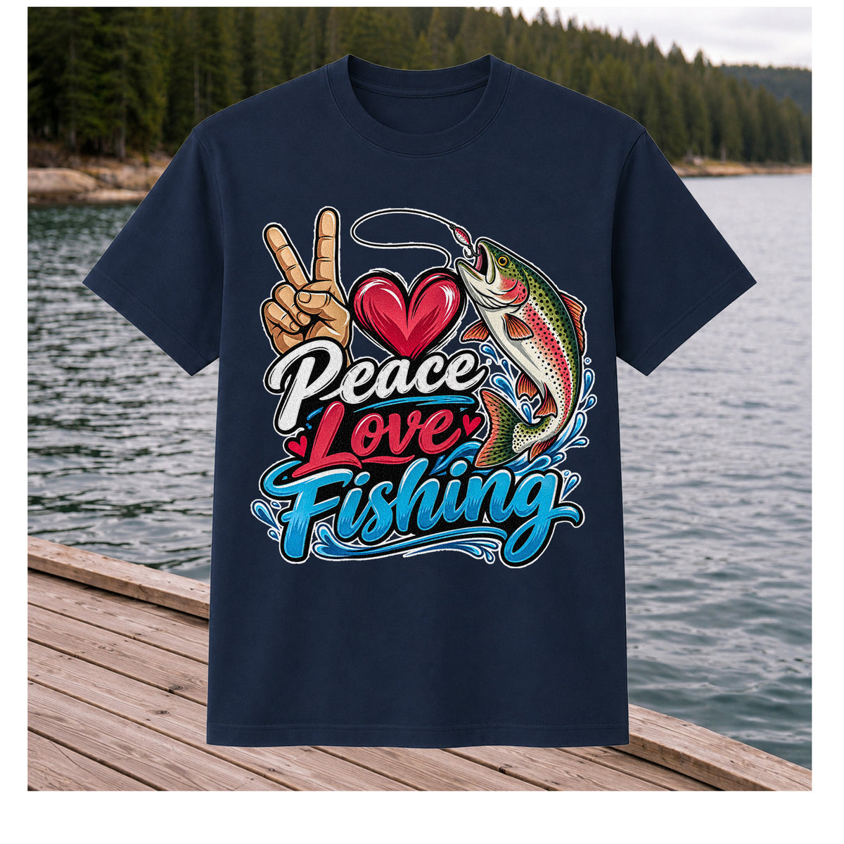 Peace Love Fishing Rainbow Trout and Heart Graphic T-Shirt
