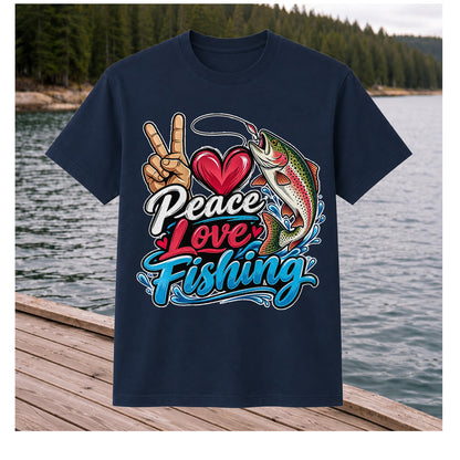 Peace Love Fishing Rainbow Trout and Heart Graphic T-Shirt