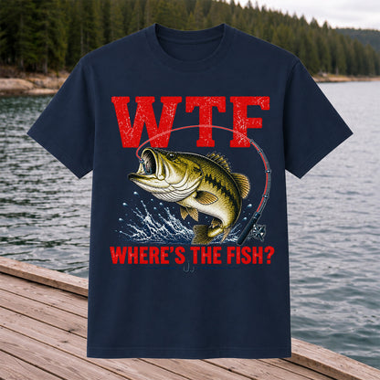 WTF Where's the Fish Largemouth Bass Funny Fishing T-Shirt