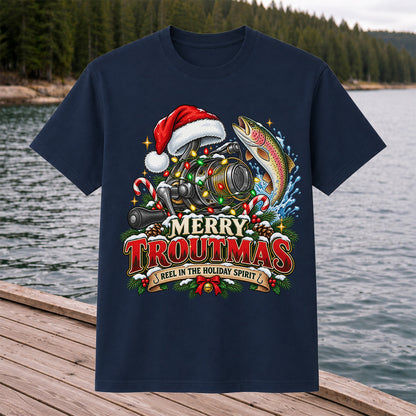 Merry Troutmas Reel in the Holiday Spirit Rainbow Trout and Fishing Reel T-Shirt