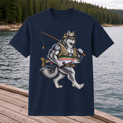 Wolf Angler Holding Rainbow Trout Fishing Graphic T-Shirt