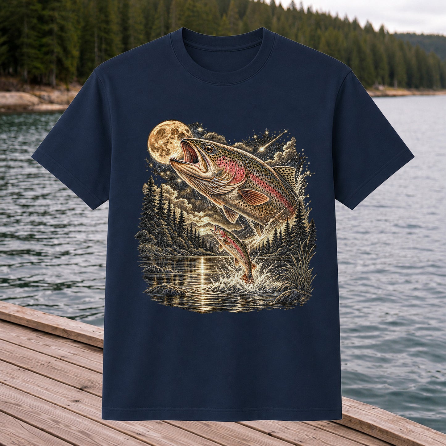 Moonlit Rainbow Trout Jumping from Mountain Lake Graphic T-Shirt