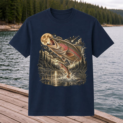 Moonlit Rainbow Trout Jumping from Mountain Lake Graphic T-Shirt