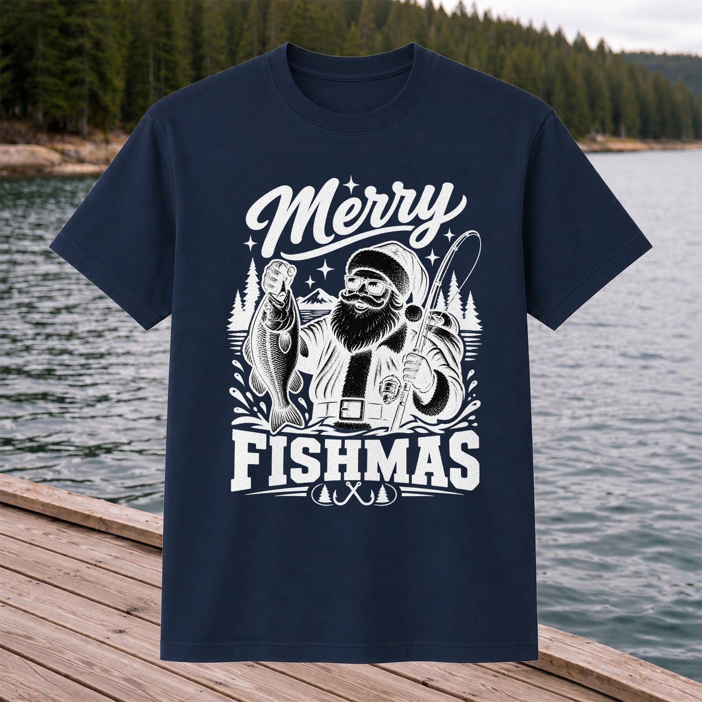 Merry Fishmas Santa Fishing Christmas Graphic T-Shirt