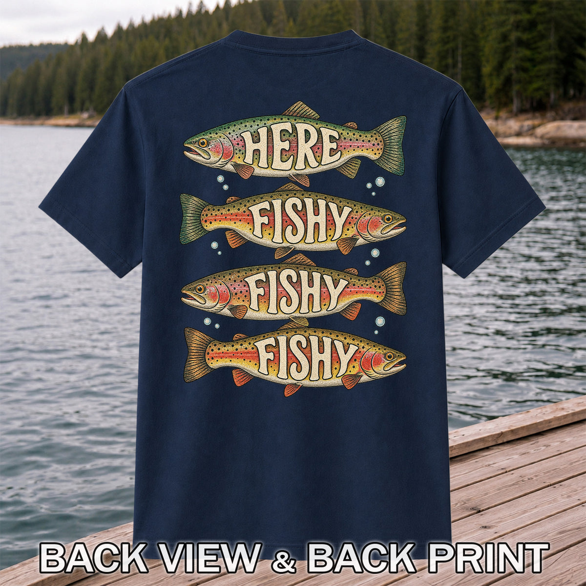 Here Fishy Fishy Fishy Rainbow Trout Fishing Graphic T-Shirt | Back Print