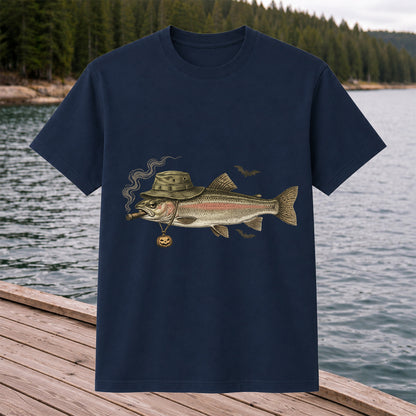 Halloween Trout in Fishing Hat with Pumpkin Charm Graphic T-Shirt